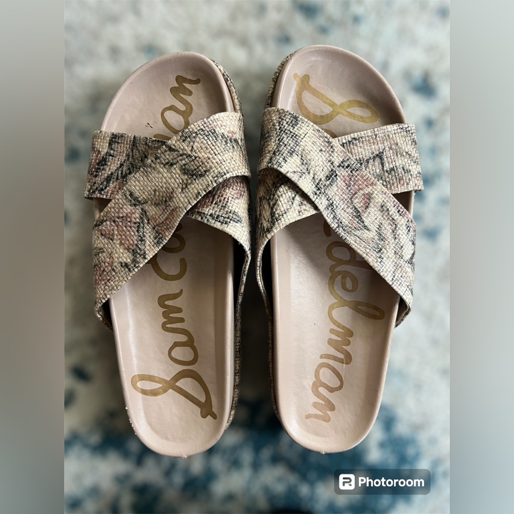Sam Edelman Sadia Sandals Womens 8 Tan Platform Floral Raffia Cross Strap Slide